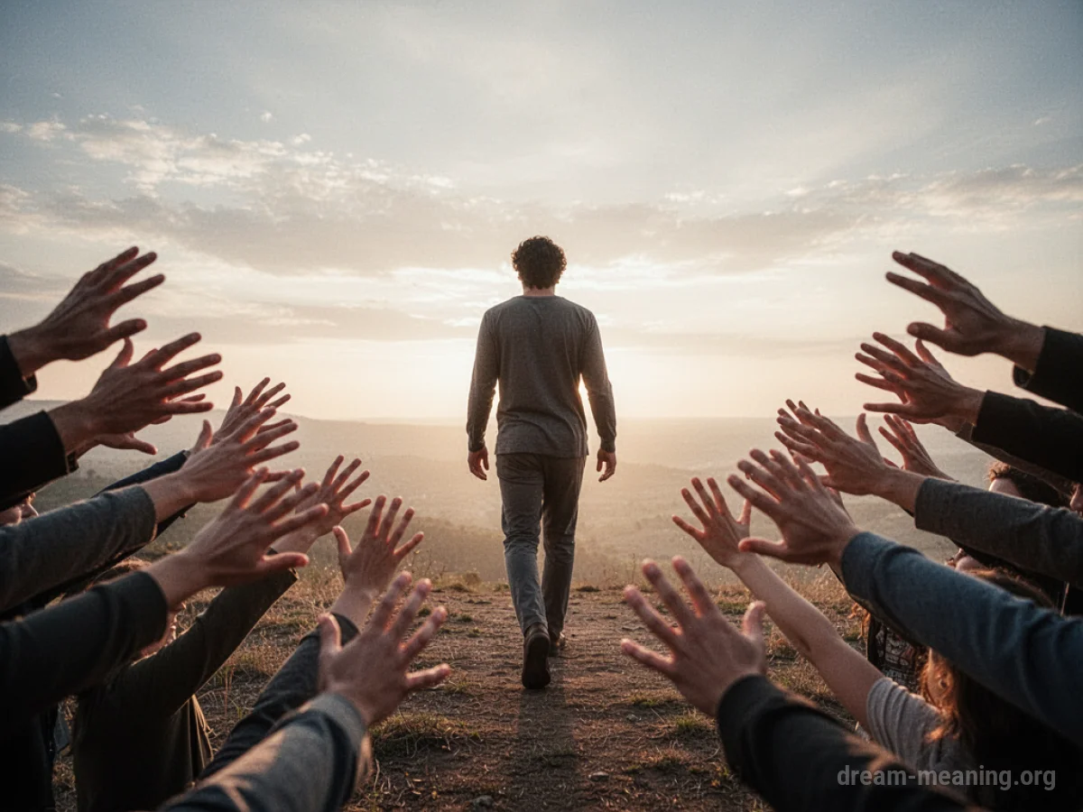 A person walks away from a group of hands reaching out.