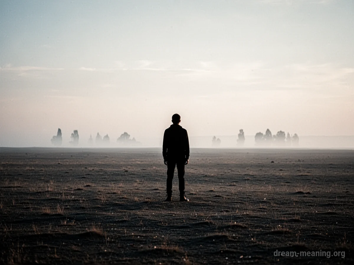 Silhouette of a person standing alone in a wide, empty landscape.