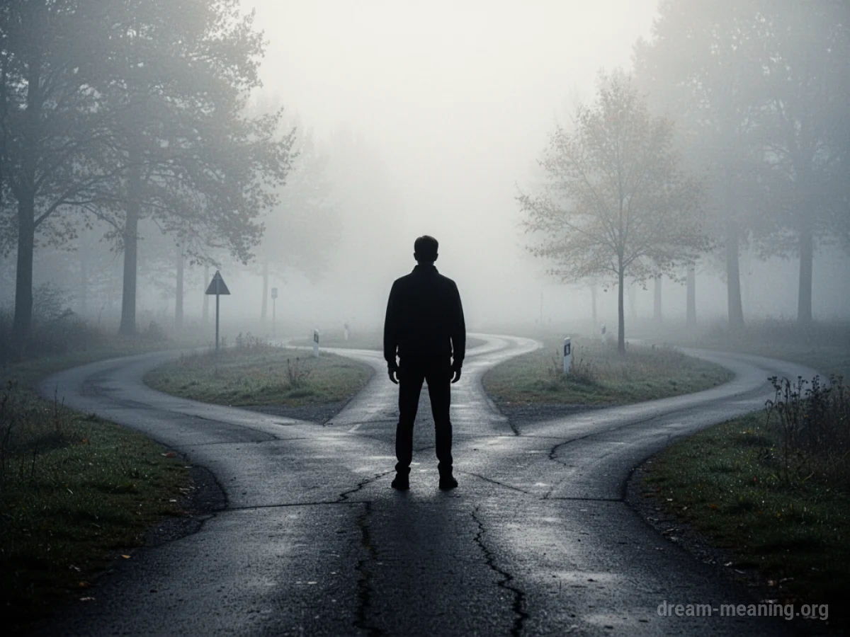 Silhouette of a person at a crossroads with foggy paths.