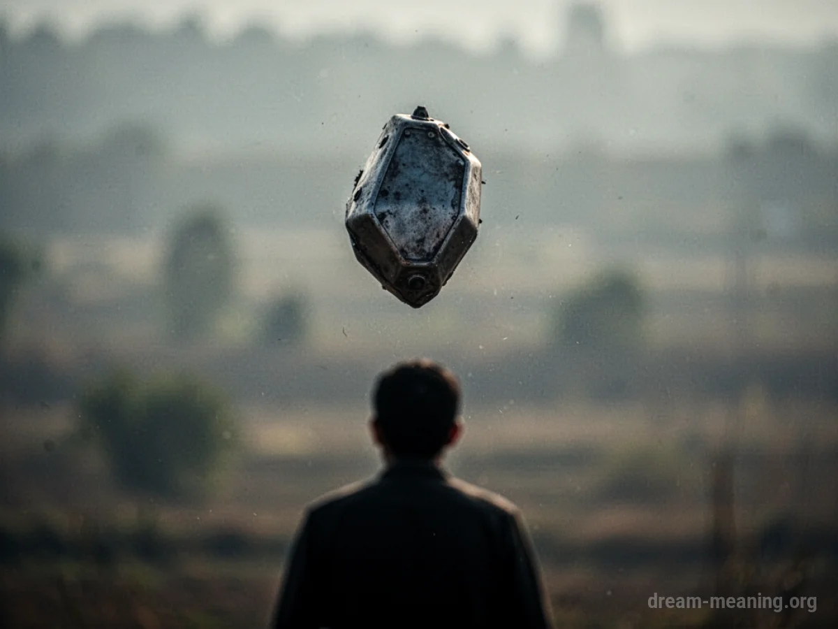 An object in the air above a distant silhouette.