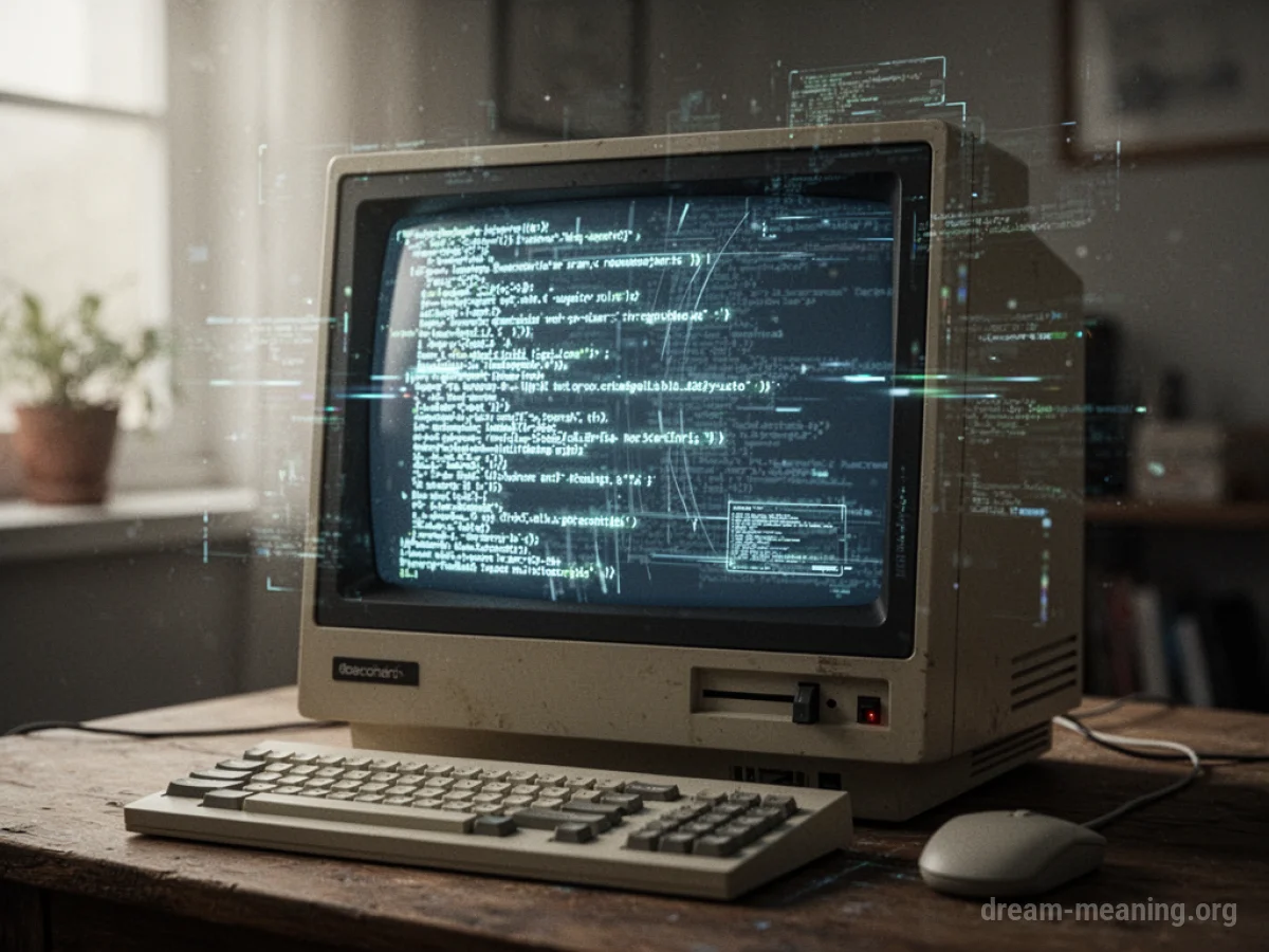 A vintage computer monitor displays a modern holographic interface.