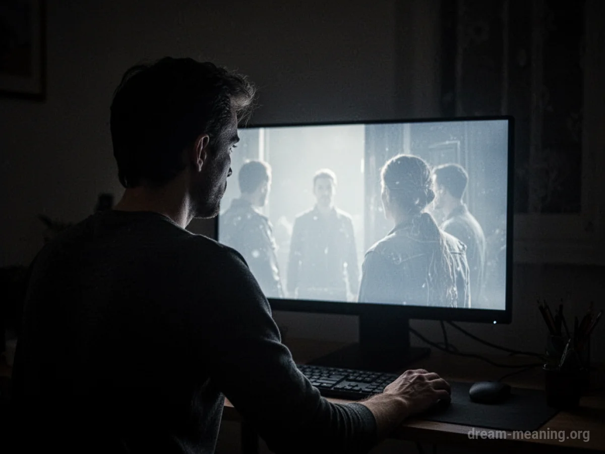 Silhouette of a person in a dark room illuminated by a computer screen showing faint figures.