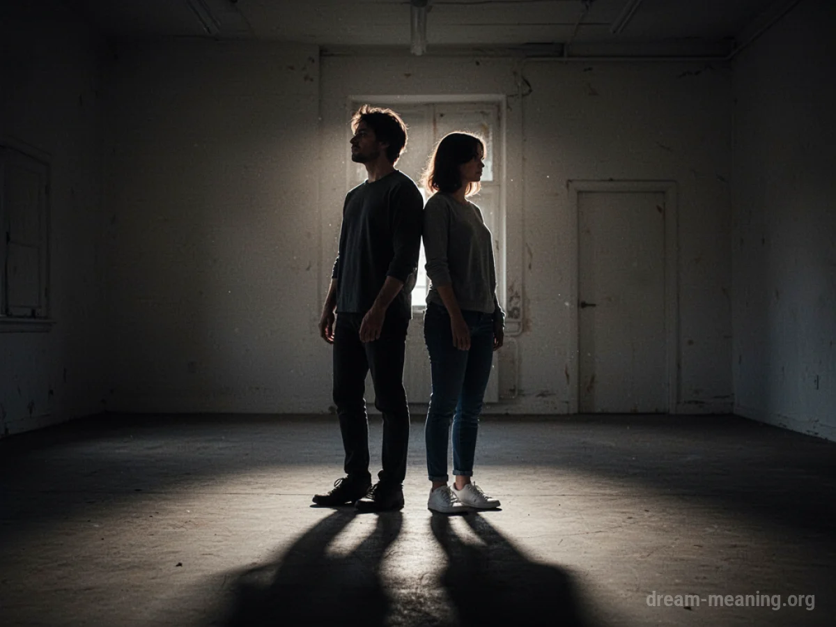 Two silhouetted figures standing apart in a dark room.