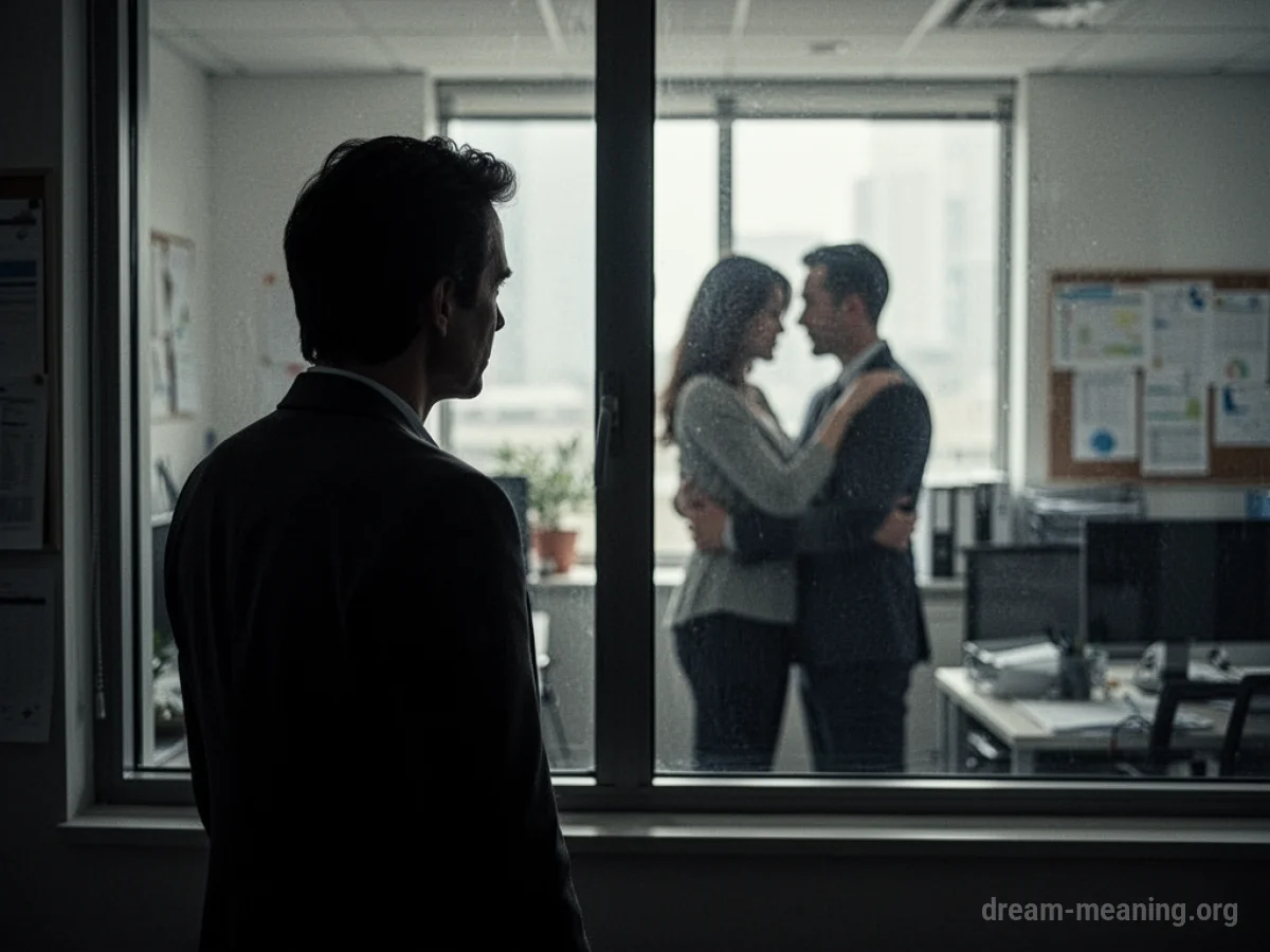 Silhouette of a person observing two figures in an office.