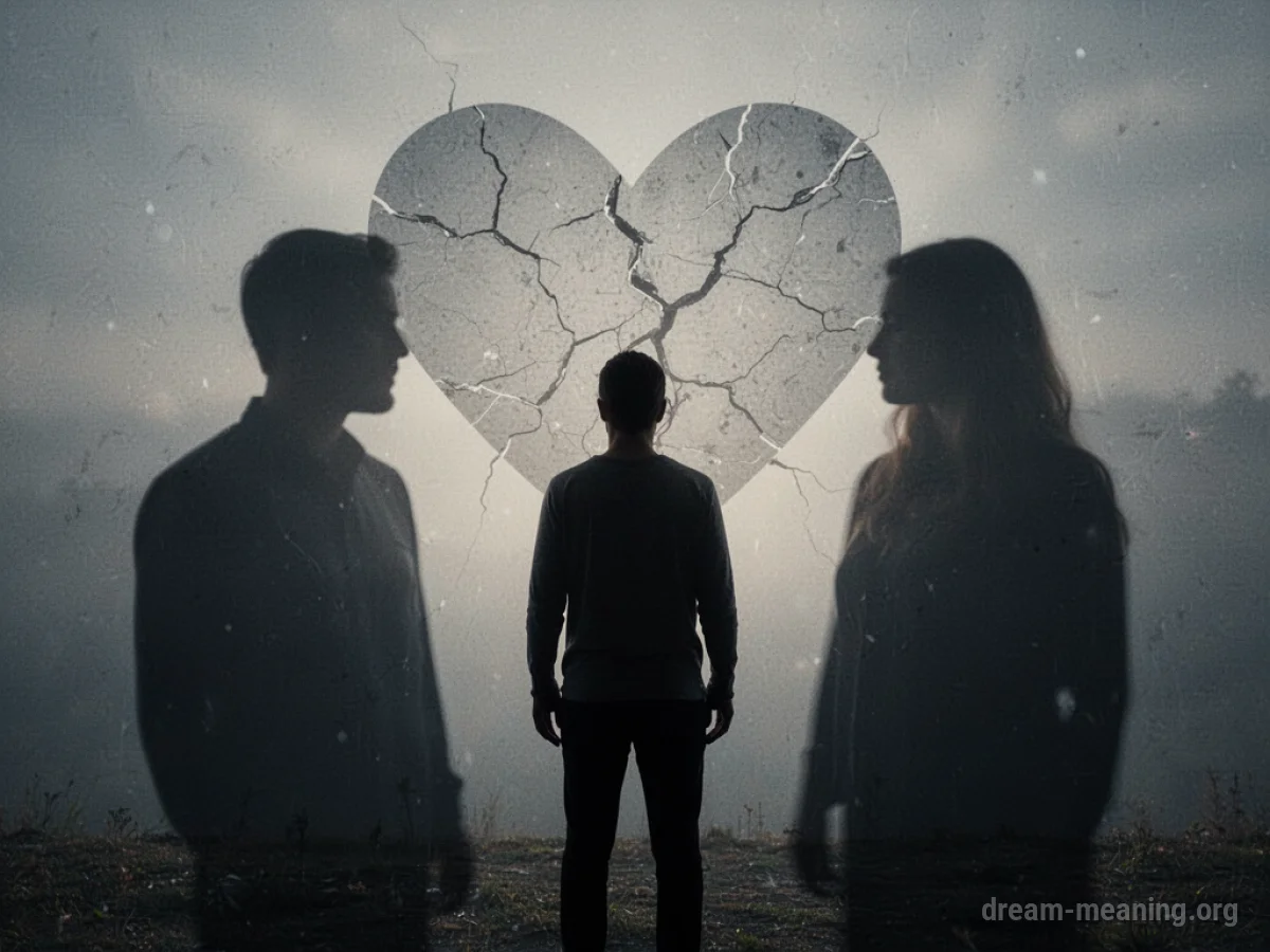 Silhouette of three figures, one figure is between two others.