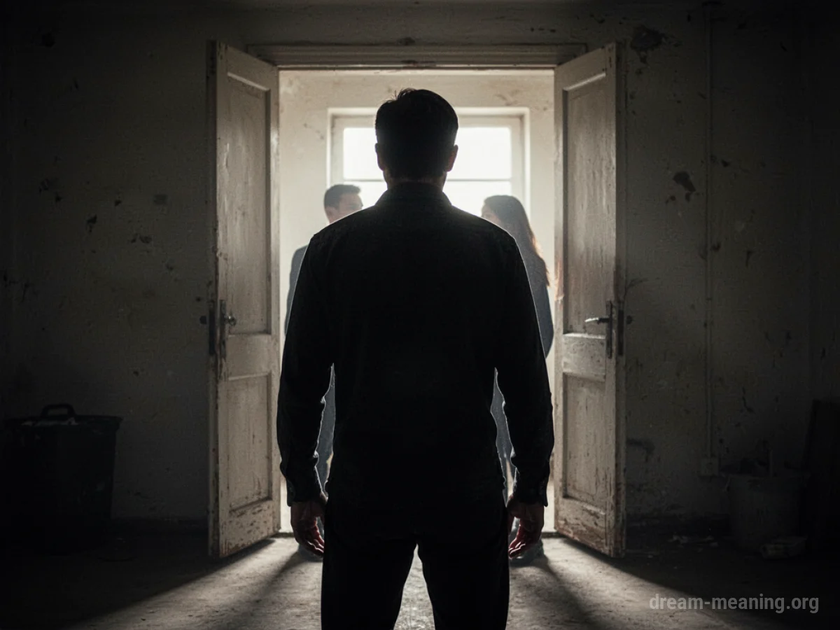 Silhouette of a person standing with their back turned, facing a glowing doorway with two other figures inside.