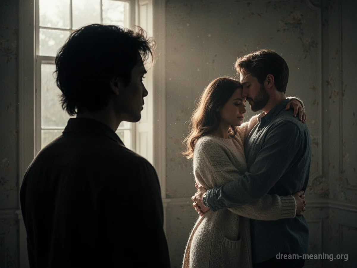 Silhouette of a person watching another couple kiss from a distance.