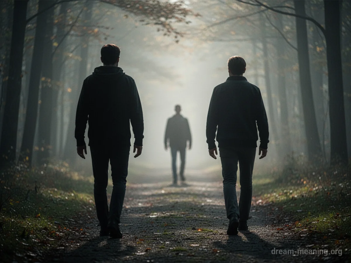 Silhouette of one person walking away from another towards a distant, blurred figure.