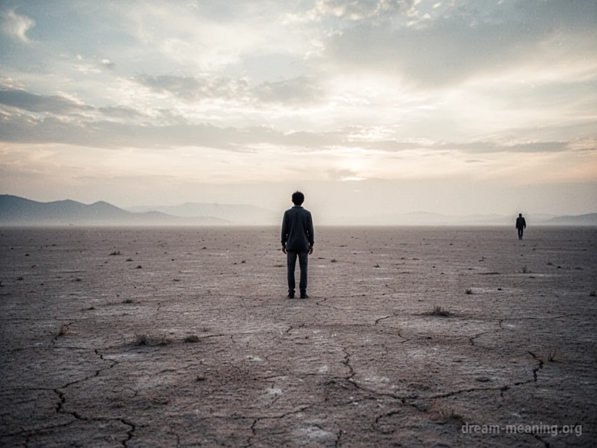 A lone figure watches a distant silhouette depart across an empty landscape.