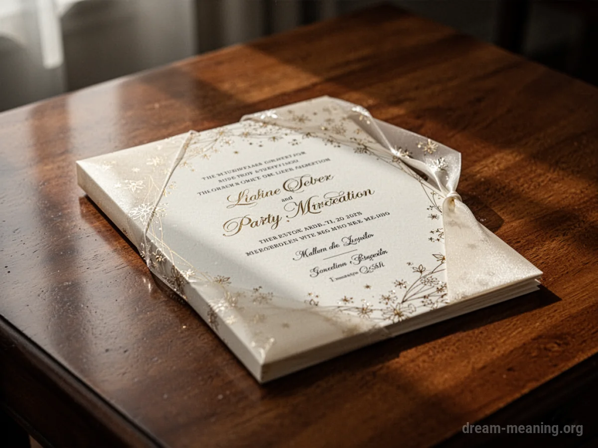 An unopened party invitation rests on a wooden surface.