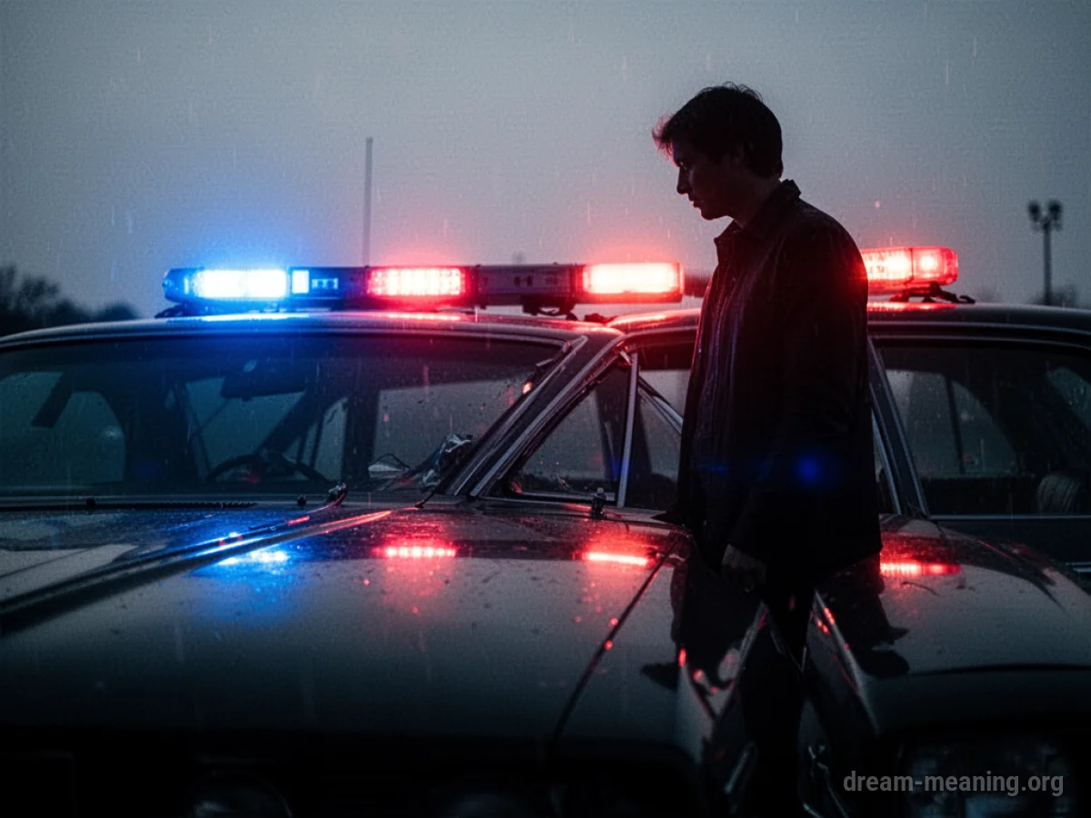 Silhouette of a person near a car with police lights flashing.