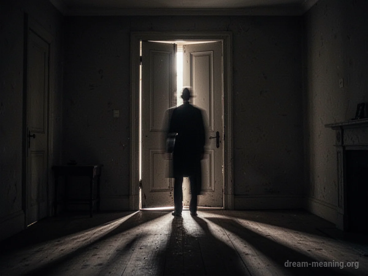 A door slightly ajar with light spilling from underneath and a shadow figure visible outside.
