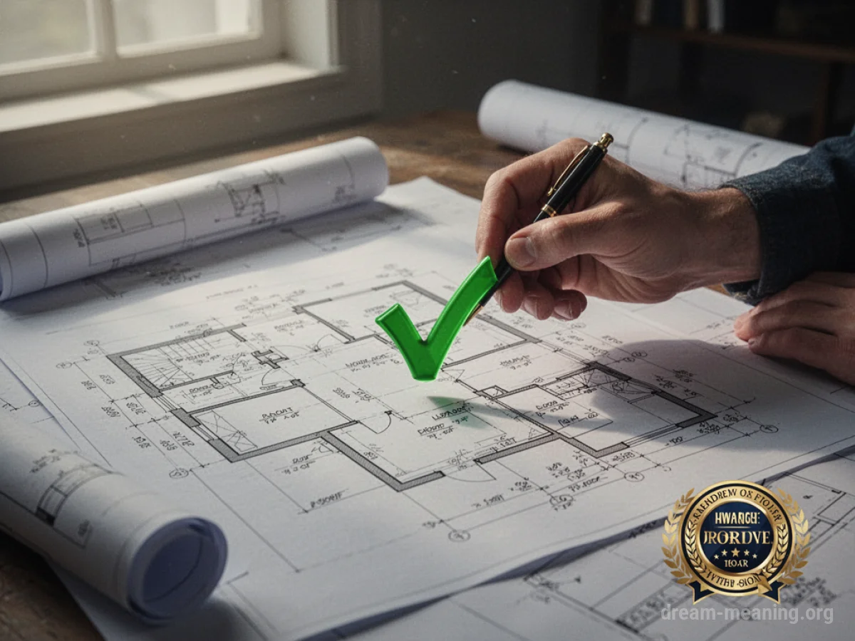 A hand drawing a checkmark on a project blueprint.