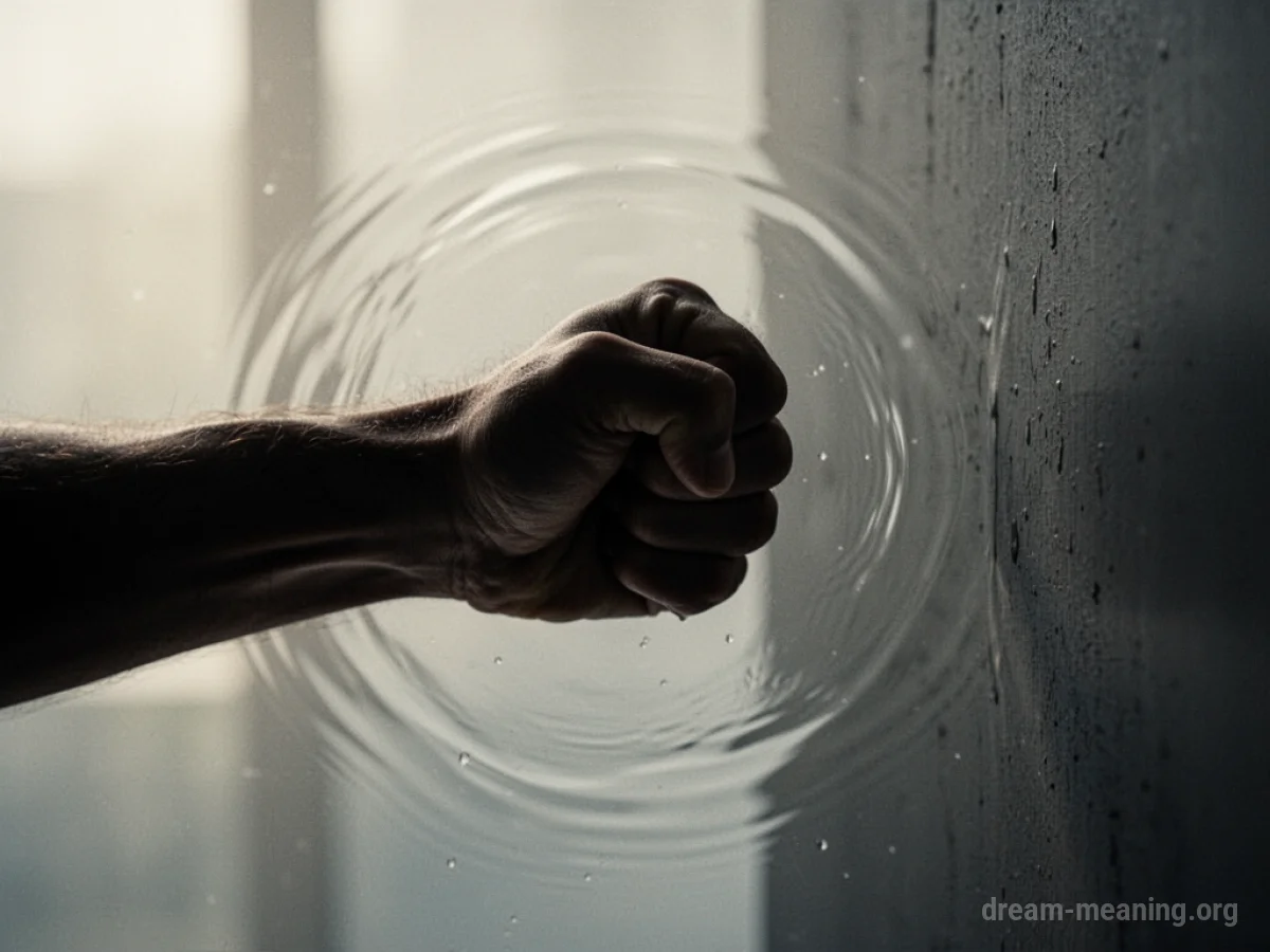 Silhouette of a fist moving away from a point of impact.