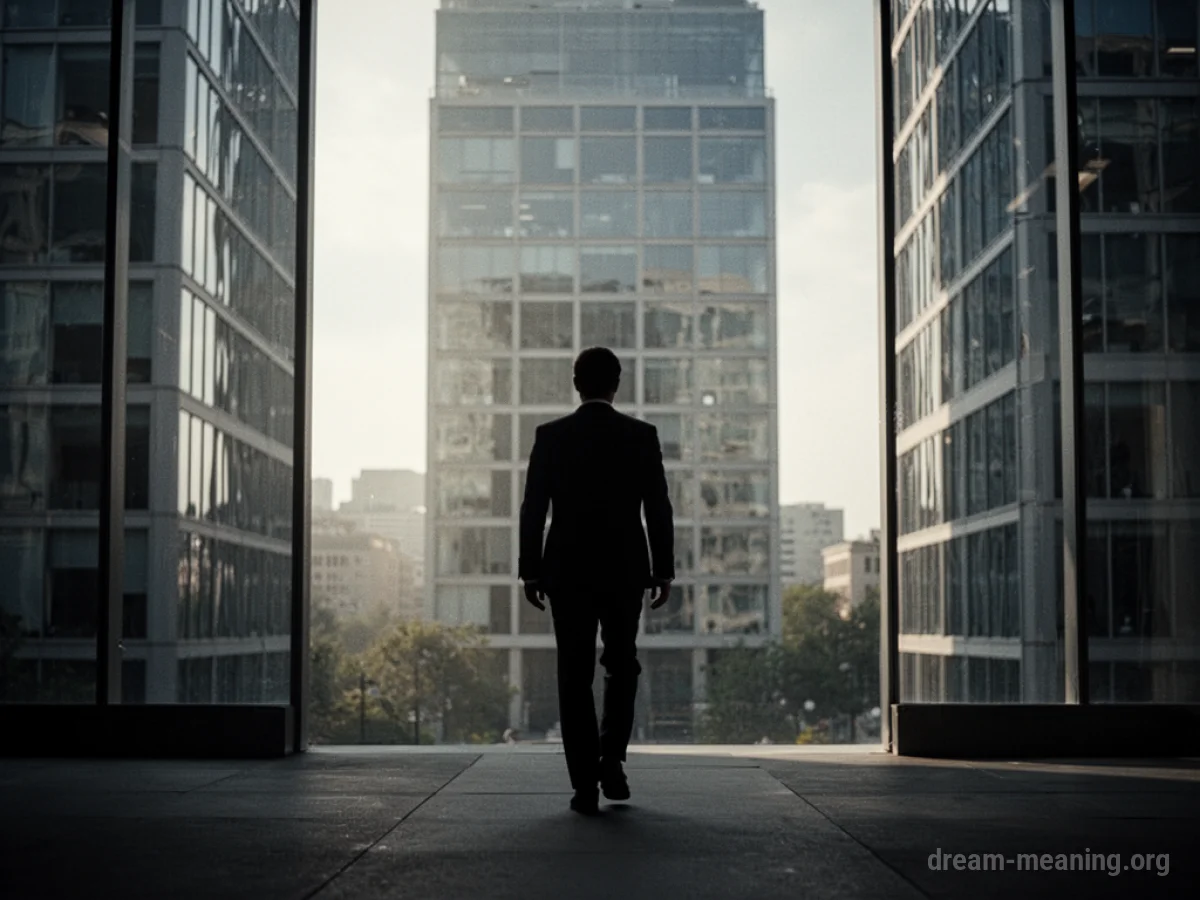 Silhouette of a person walking away from an office building.