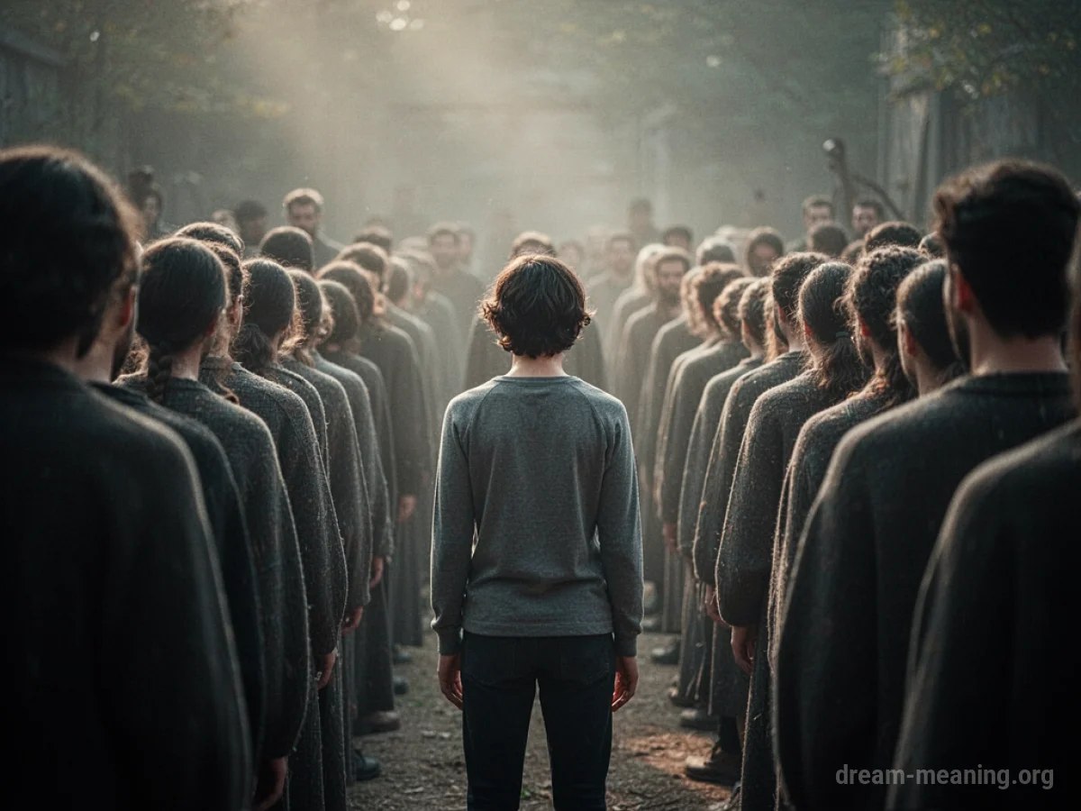 A person standing alone in a large group of people.