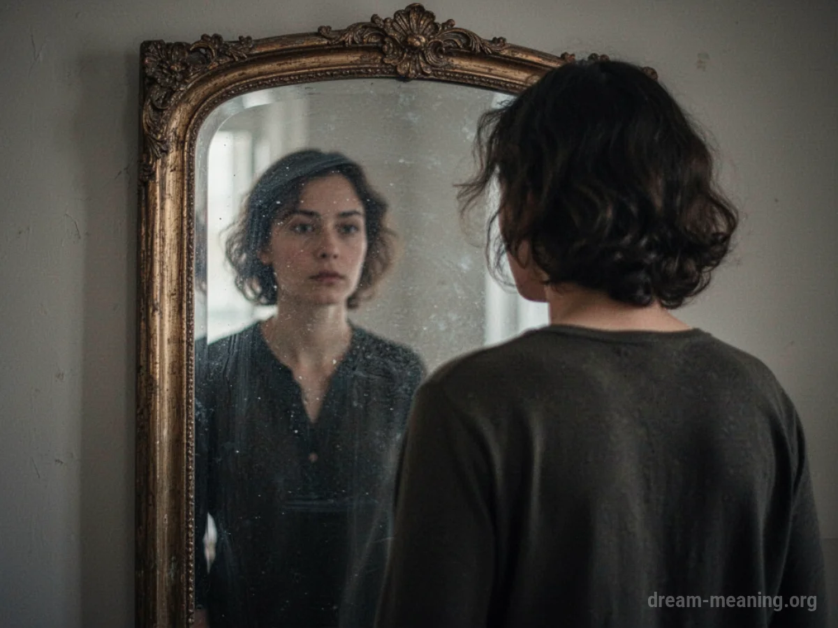 A person looking into a mirror with a reflection that is not their own.