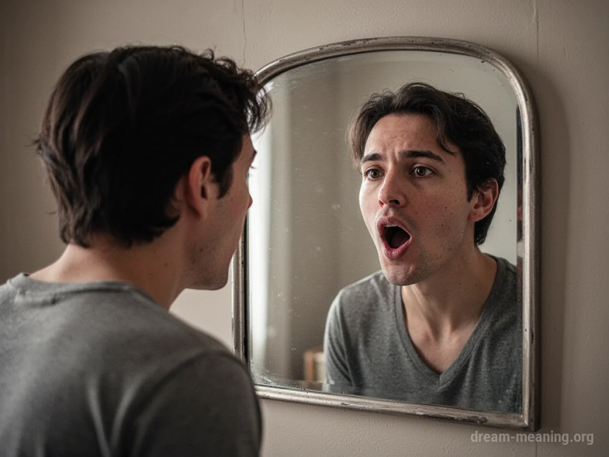 A person looking into a mirror, with the reflection's mouth open as if speaking.