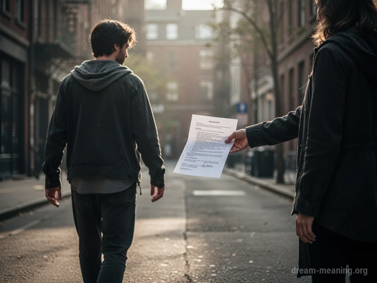 A person turns their back on another person holding out a piece of paper.
