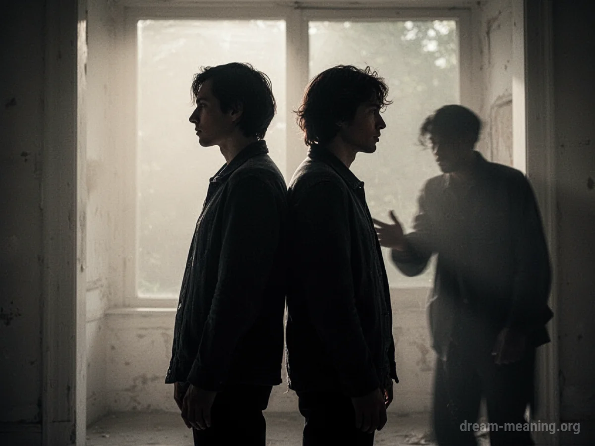 Two silhouetted figures facing away from each other, with a third shadowy figure approaching one.