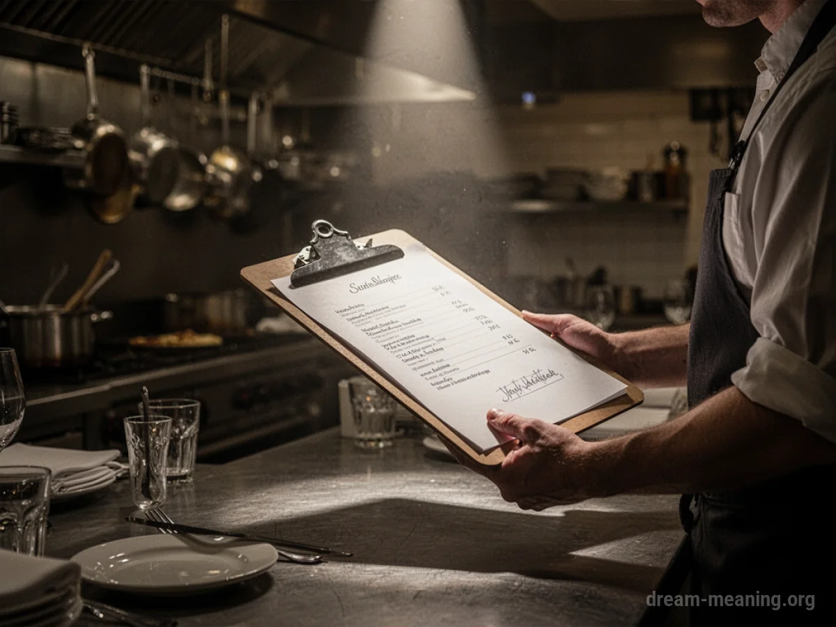 A hand holding a clipboard over a stainless steel kitchen counter.