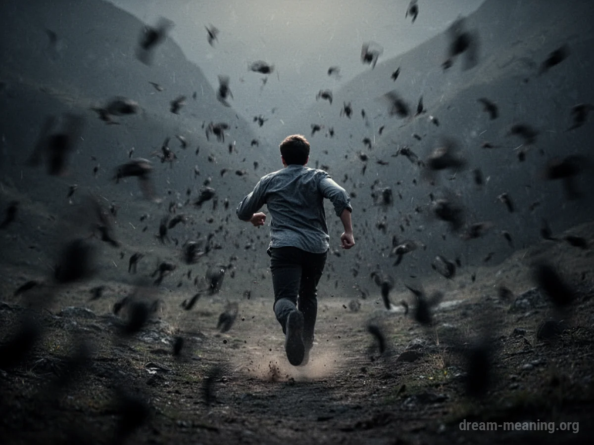 Silhouette of a person running away from dark, blurry shapes.