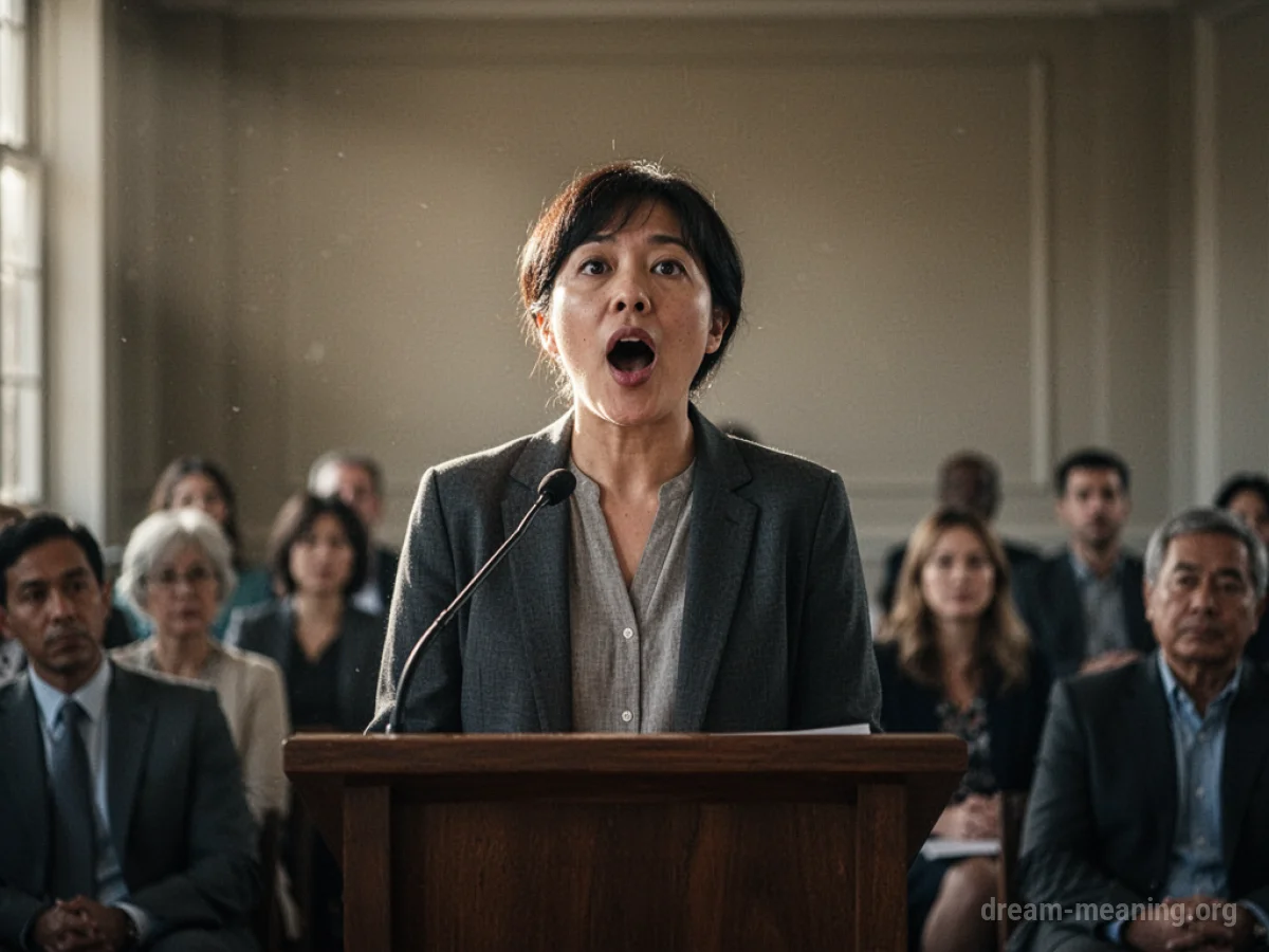 A person speaking at a podium with indistinct figures in the background.