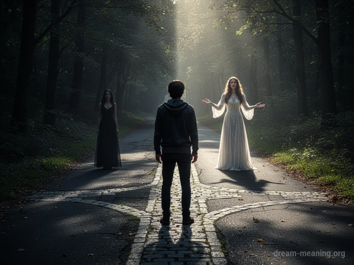 A solitary figure hesitates at a dark, winding path diverging from a sunlit road.