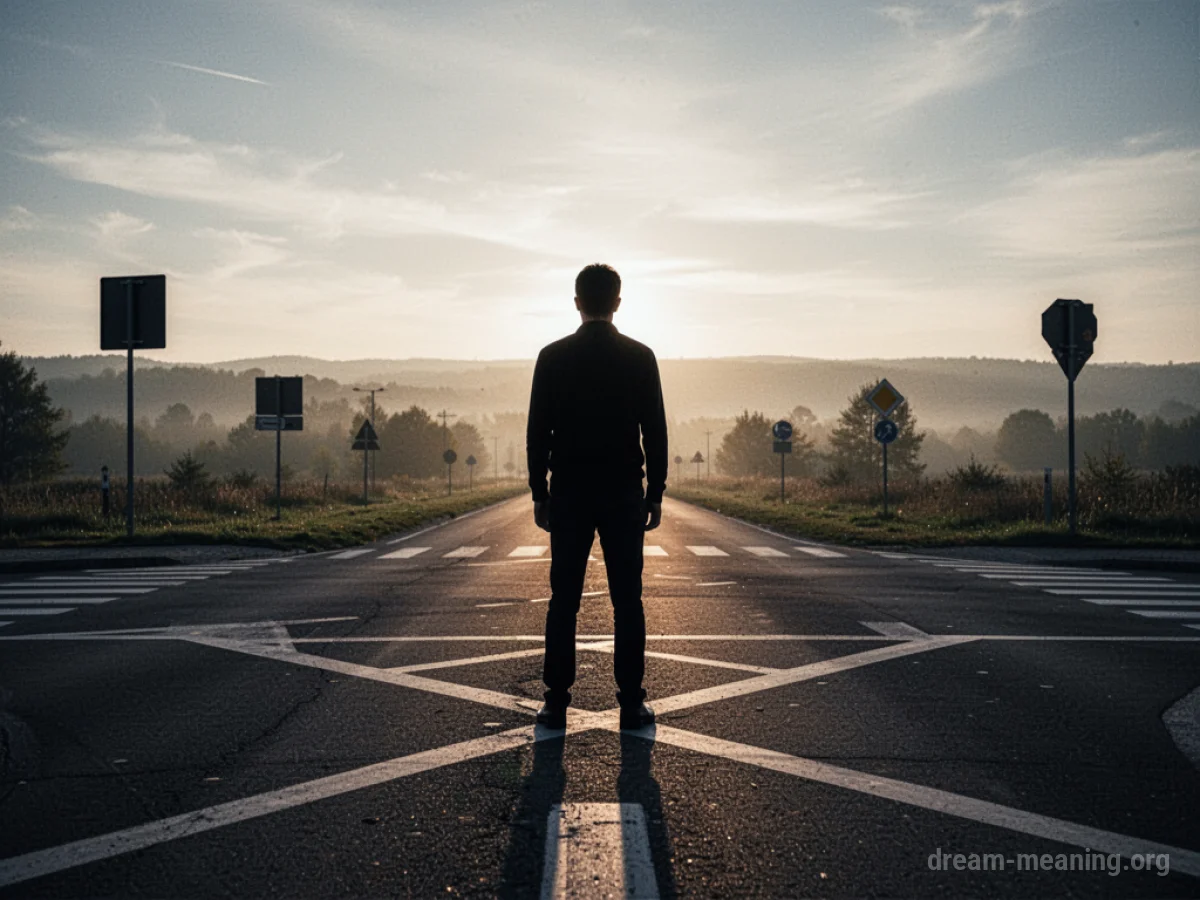 Silhouette of a person at a crossroads facing a bright horizon.