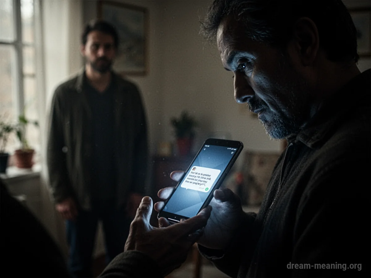 A silhouette stands behind another figure who is looking intently at a glowing phone screen.