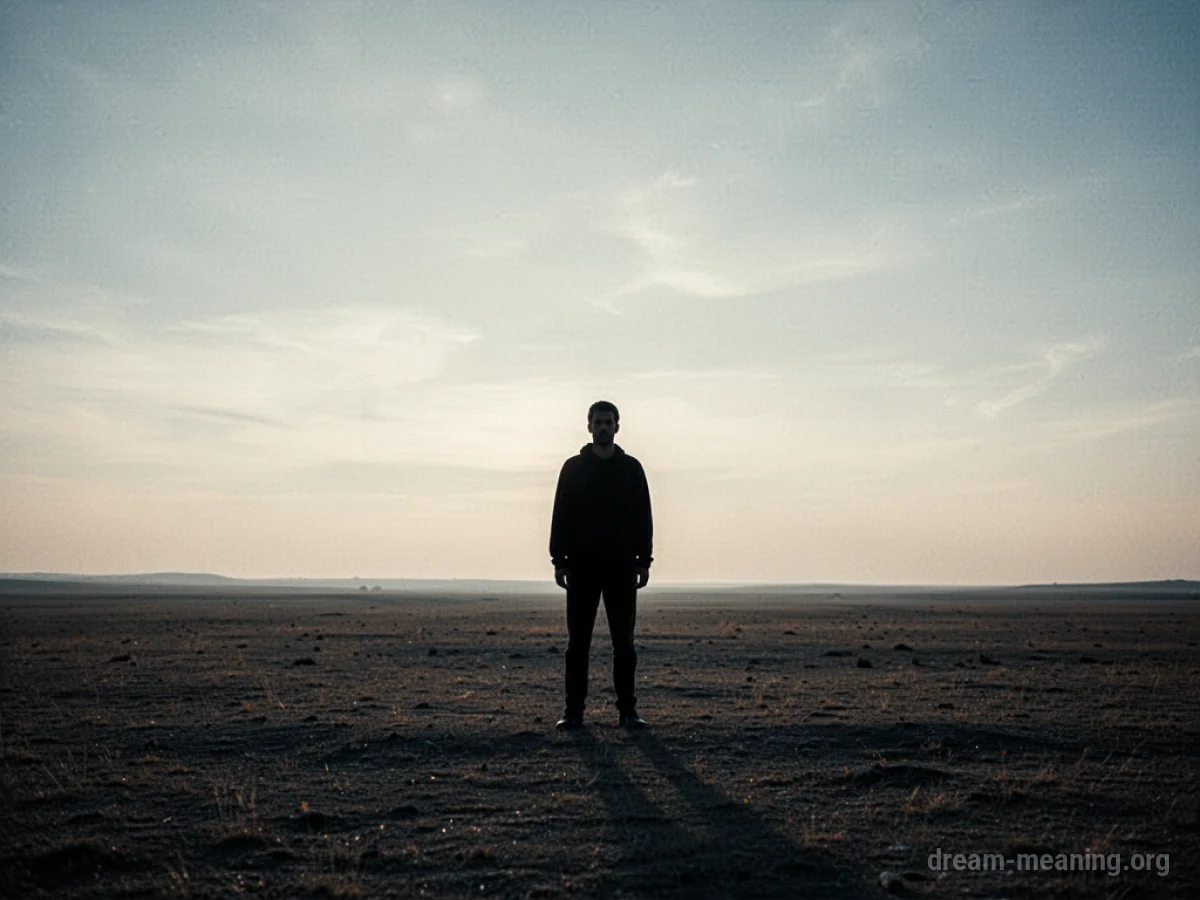 A lone silhouette of a person in a wide, empty field.
