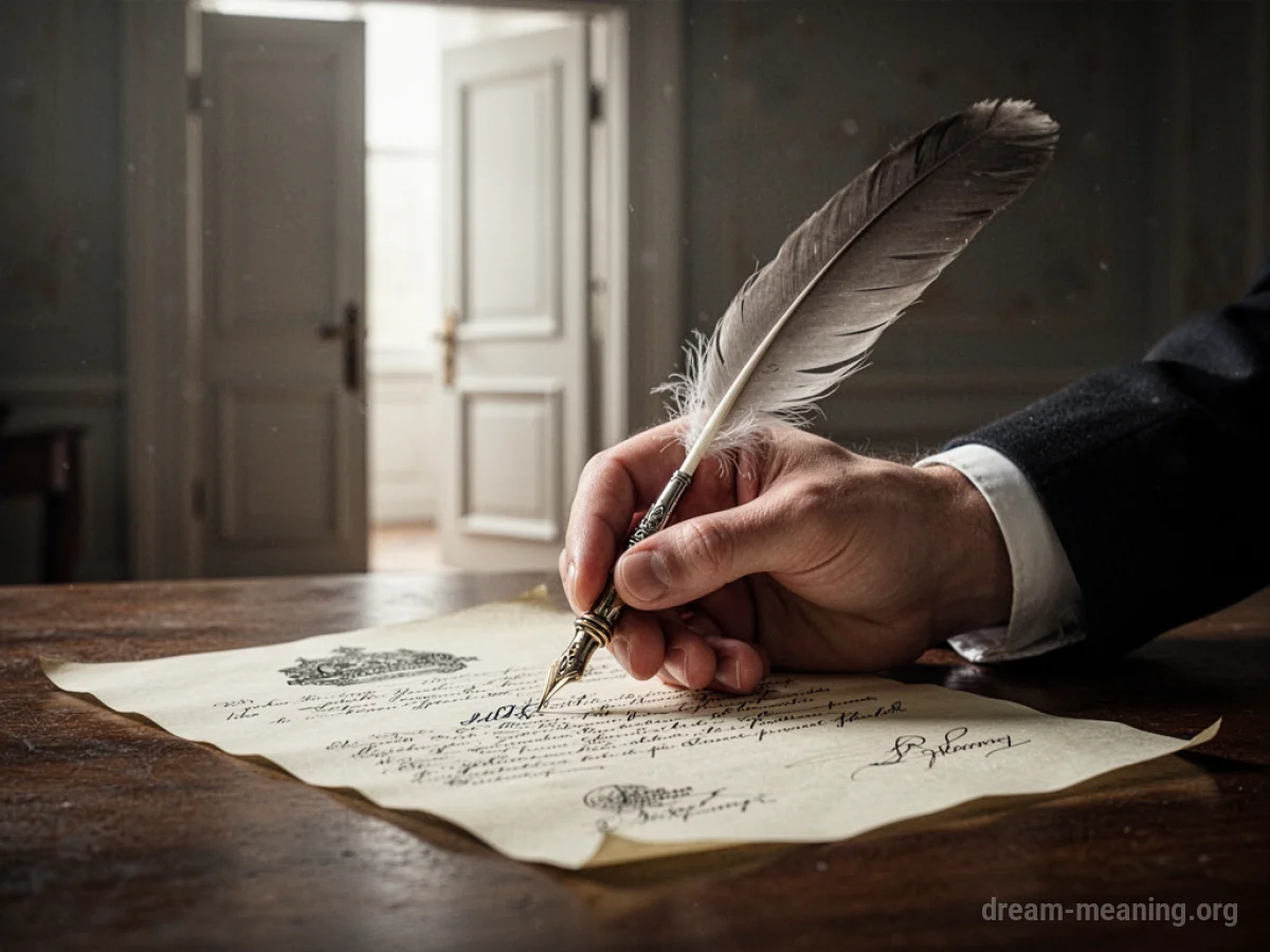 A hand holding a quill pen signing a document.
