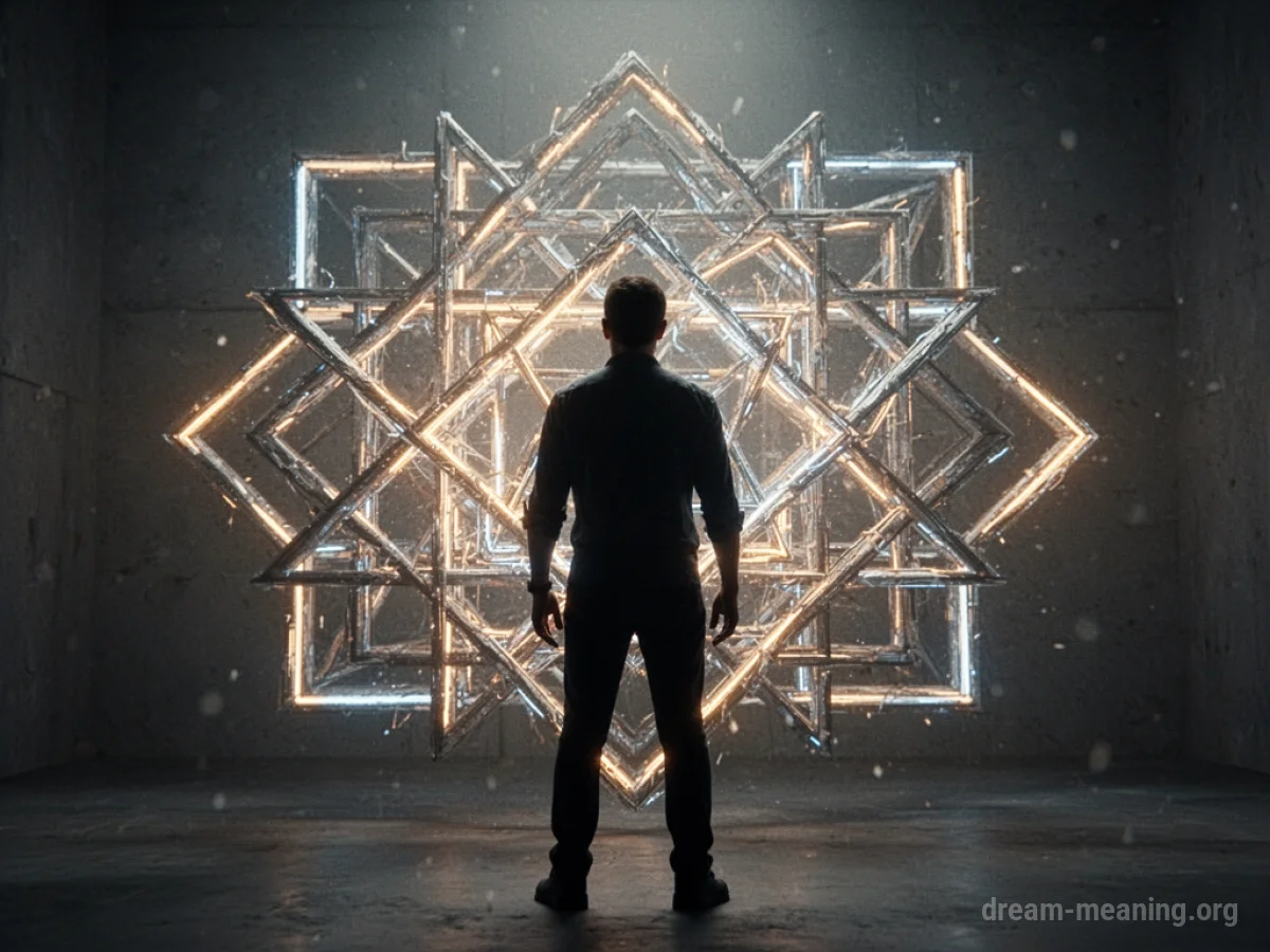 Silhouette of a person facing a large, intricate geometric structure made of light.