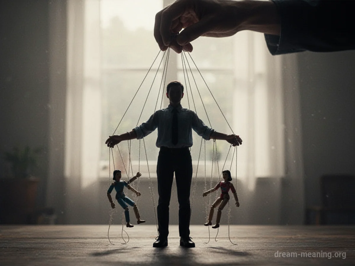 A figure being manipulated by strings from above.