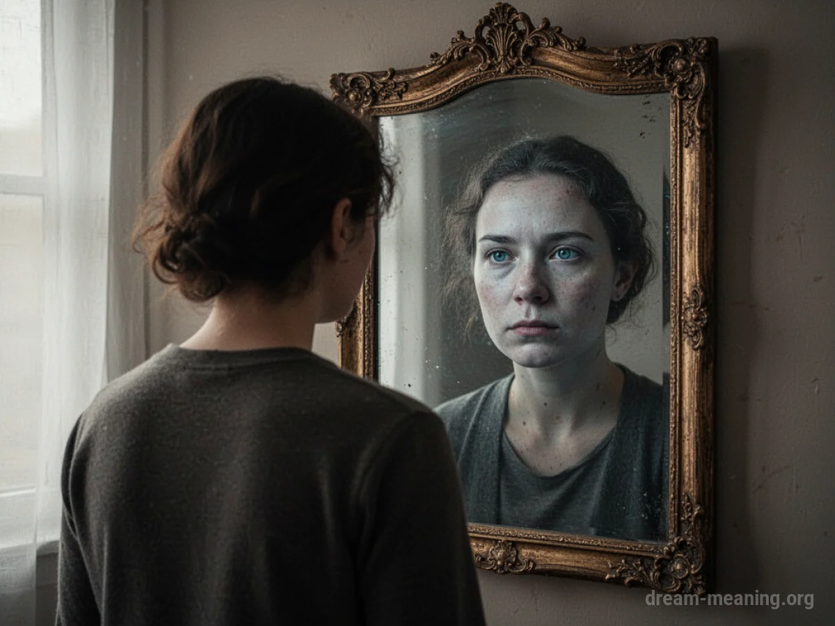 A person looking into a mirror at a reflection with a different face.