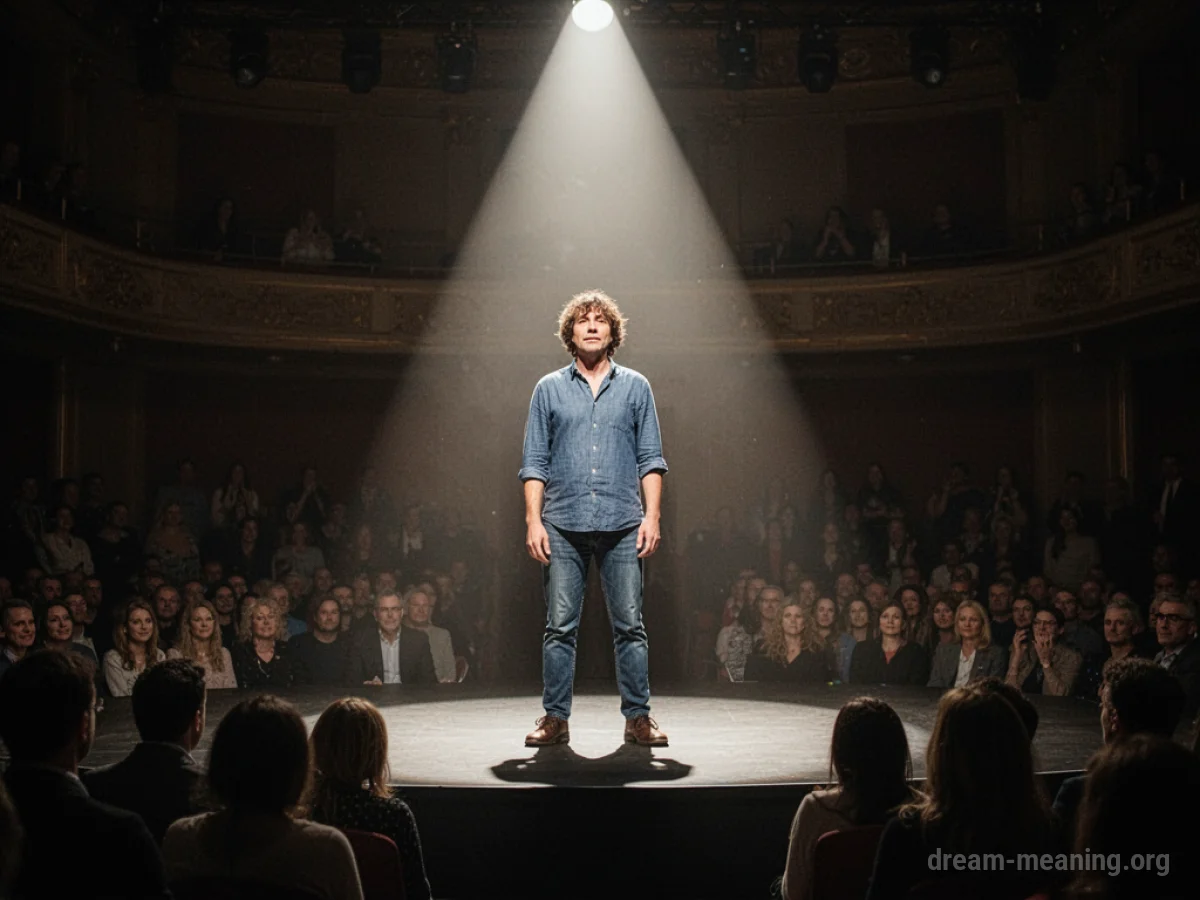 A person stands on a stage under a spotlight.