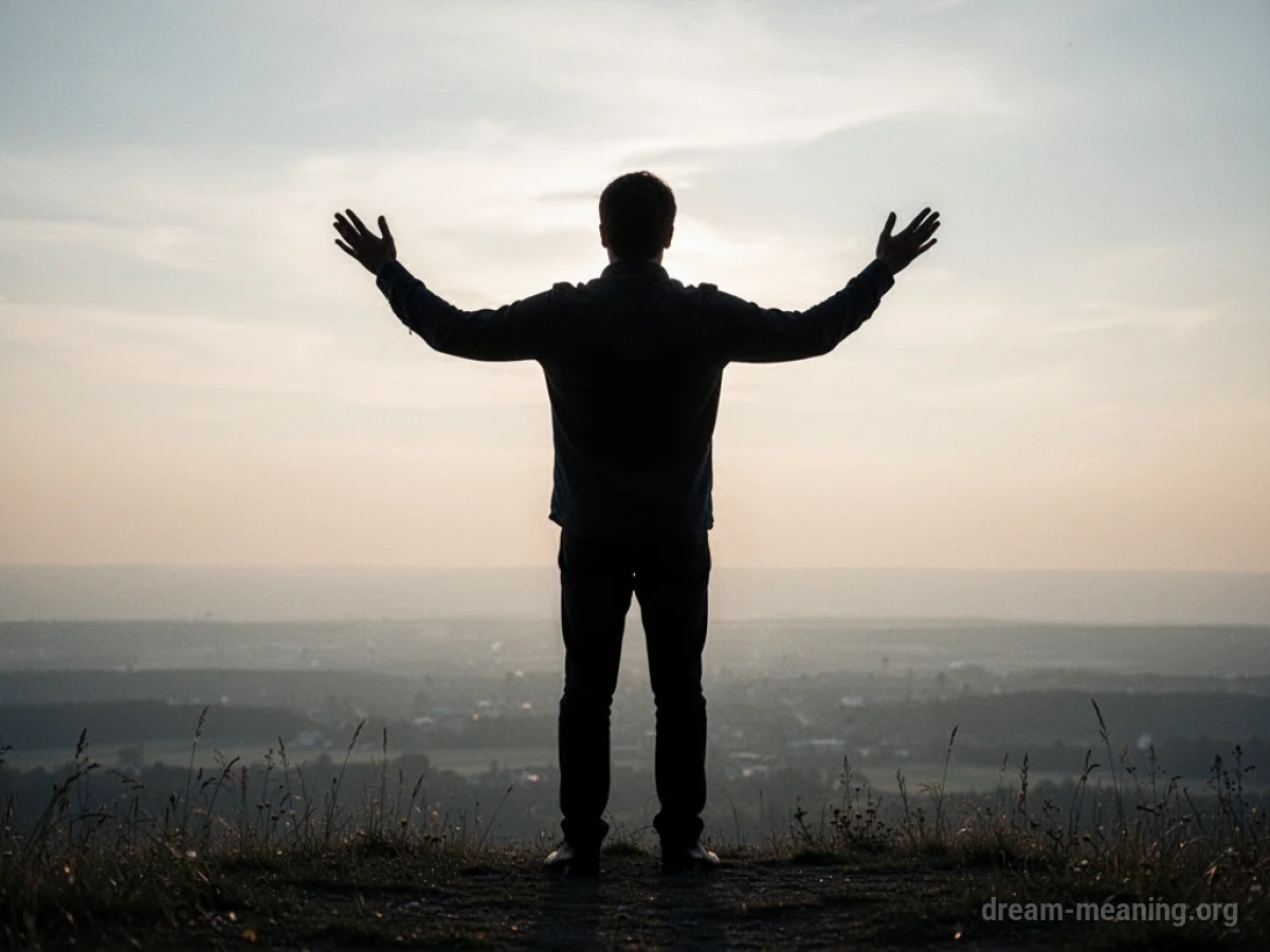 Silhouette of a person standing tall with arms slightly raised, facing a distant horizon.
