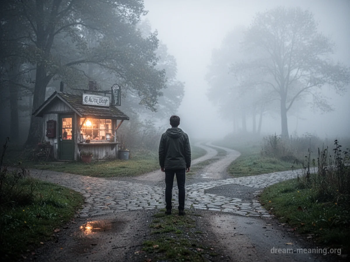 A person at a crossroads with one path leading to a lit shop.