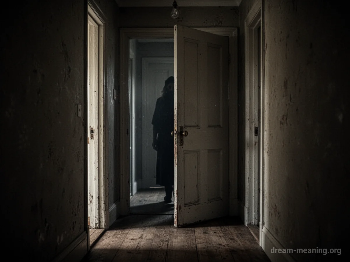 A dark hallway with a silhouette at the far end and an open doorway.