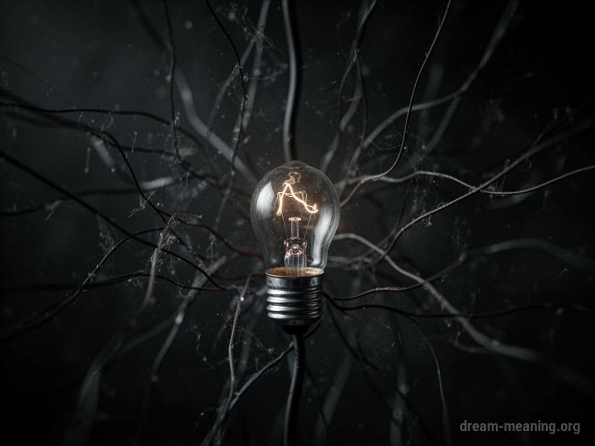A dim lightbulb filament in darkness with tangled lines.