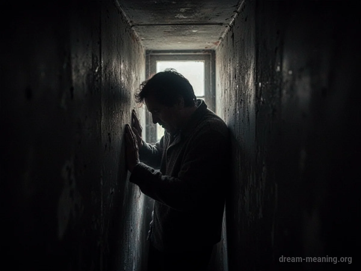 Silhouette of a person trapped inside a very narrow, dark space.