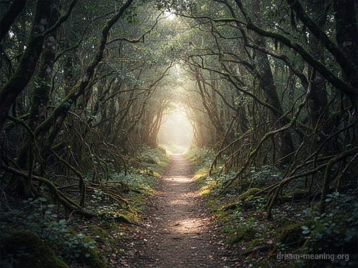 A luminous path leading out of a dark, overgrown forest.
