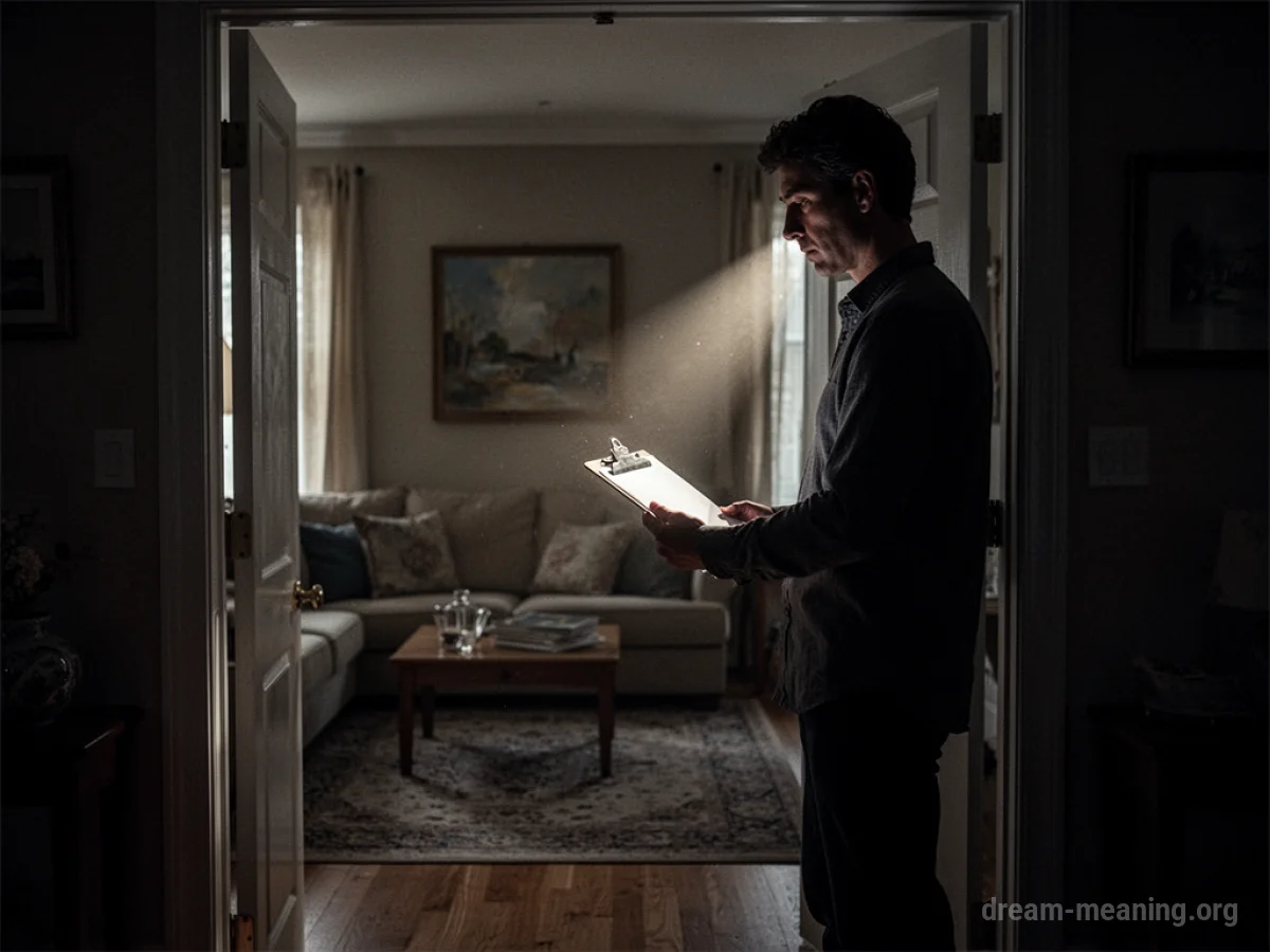 A silhouette of a person holding a clipboard at an open doorway.