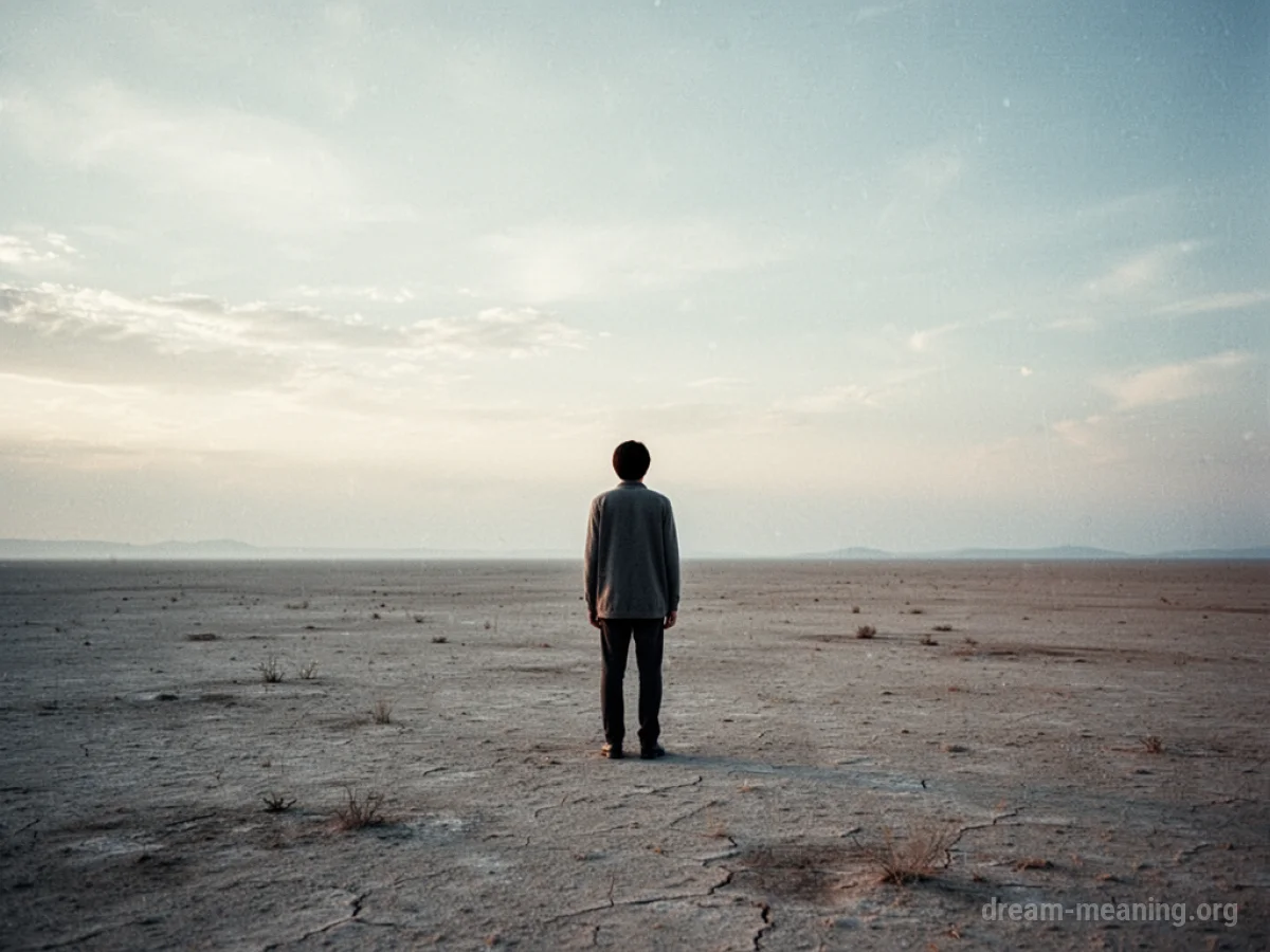 A lone silhouette stands in a wide, empty desert.