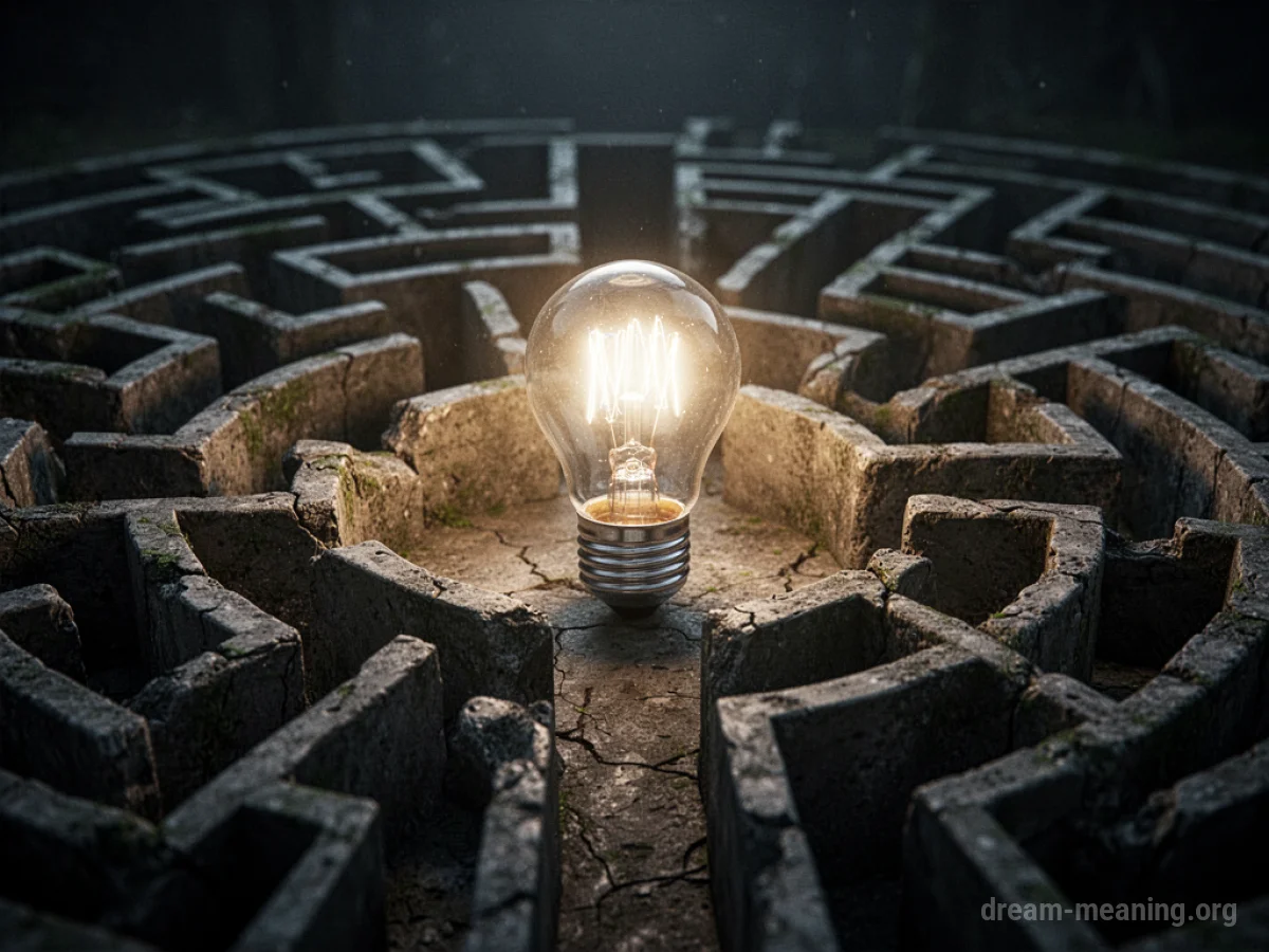 A glowing lightbulb hovering above a complex maze.