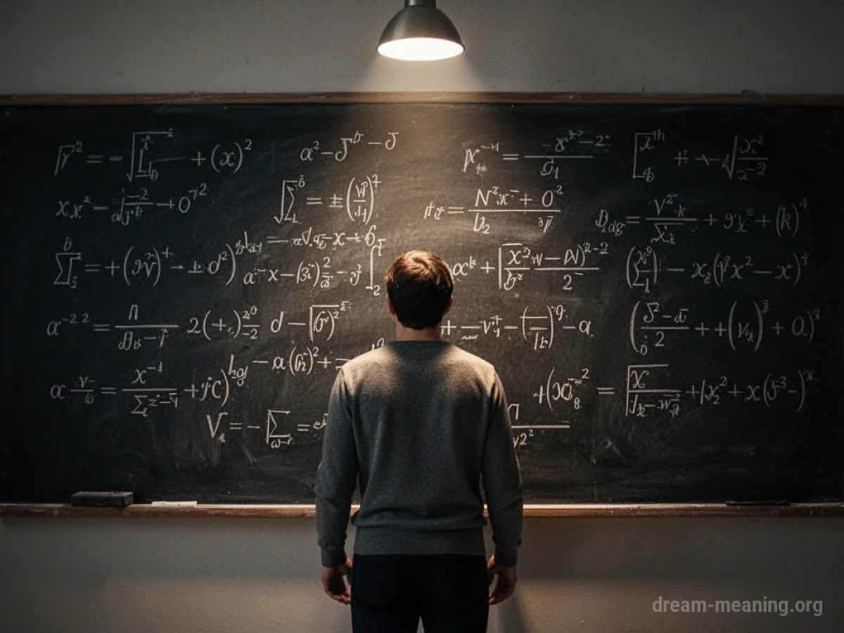A person stands before a blackboard covered in intricate mathematical formulas.
