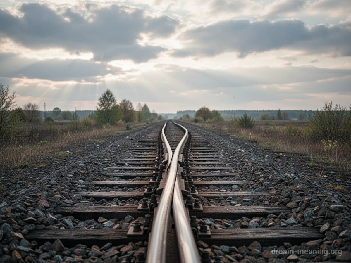 Bent train tracks stretching into the distance under a grey sky.