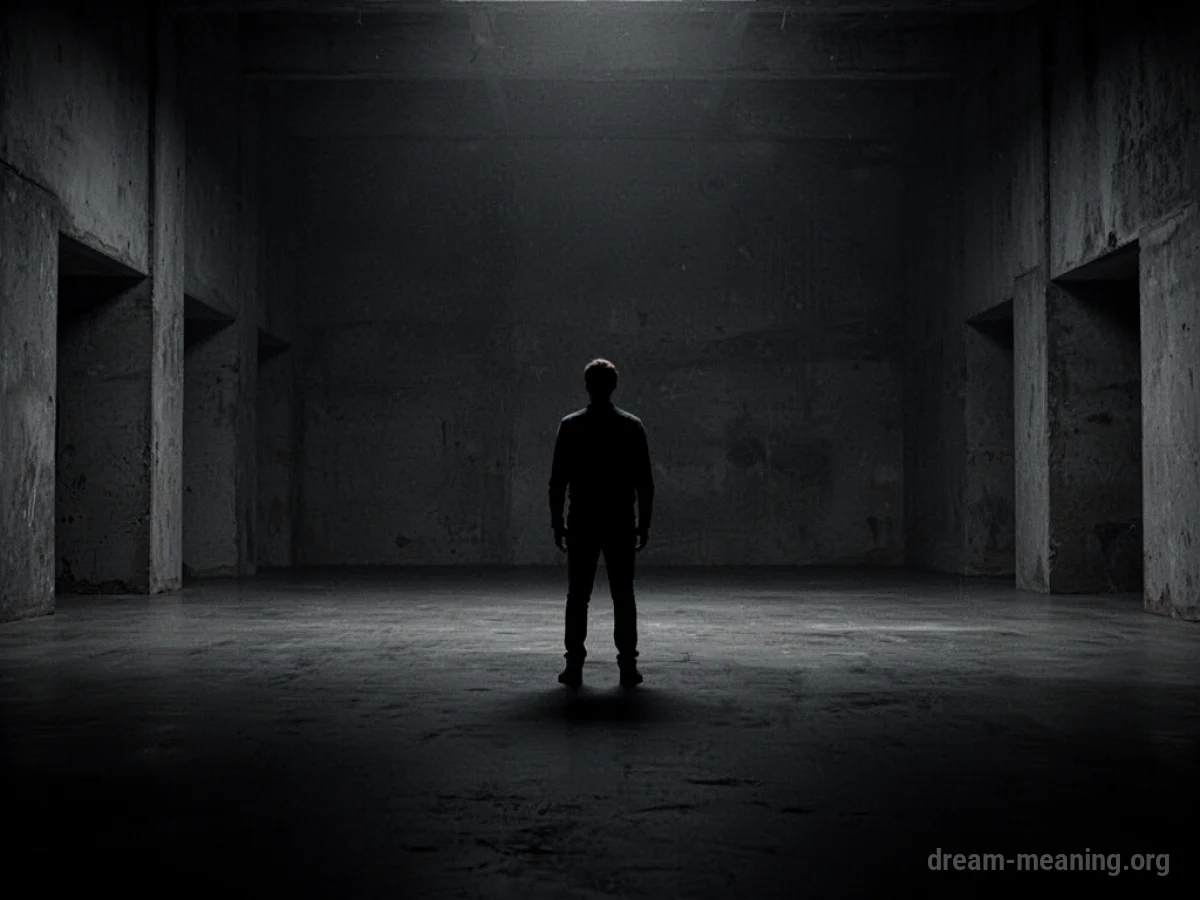 Silhouette of a person standing alone in a dark, empty space.