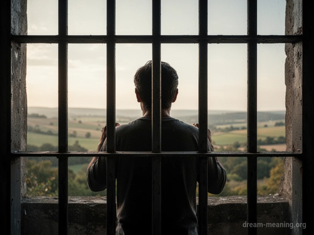 Silhouette of a person behind bars looking at an open landscape.