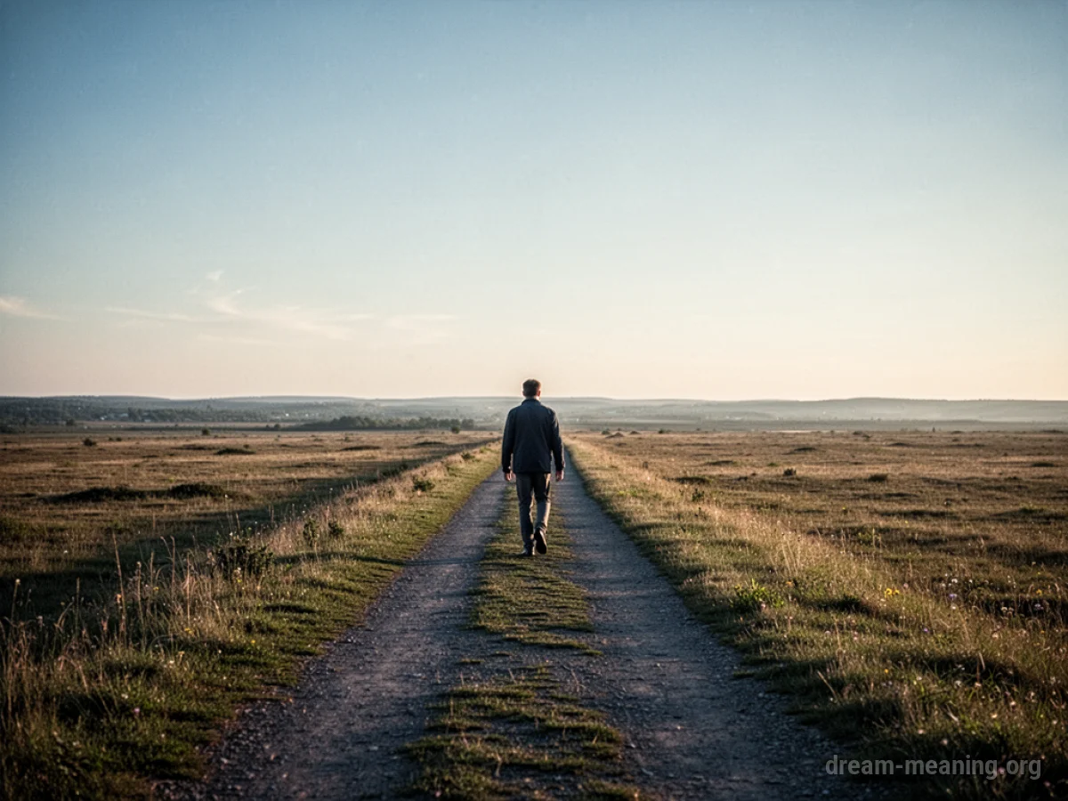 A single person walking down a long, empty road leading to a bright horizon.